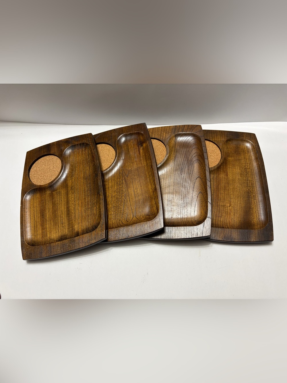 Mid-Century Carved Wooden Serving Trays - Warm Brown
